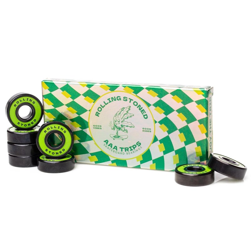 Rolling Stoned Skateboard Bearing Set - ABEC 7 Sealed Bearings for Skateboards, Longboards, Scooters and Roller Skates Stainless Steel 608 Bearings (8 Pack, Green) (AAA Trips) - Image 1